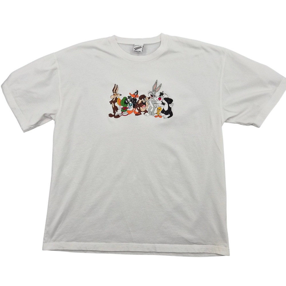 Vintage Warner Bros Studio Store Looney Tunes Embroidered White T-Shirt XXL
